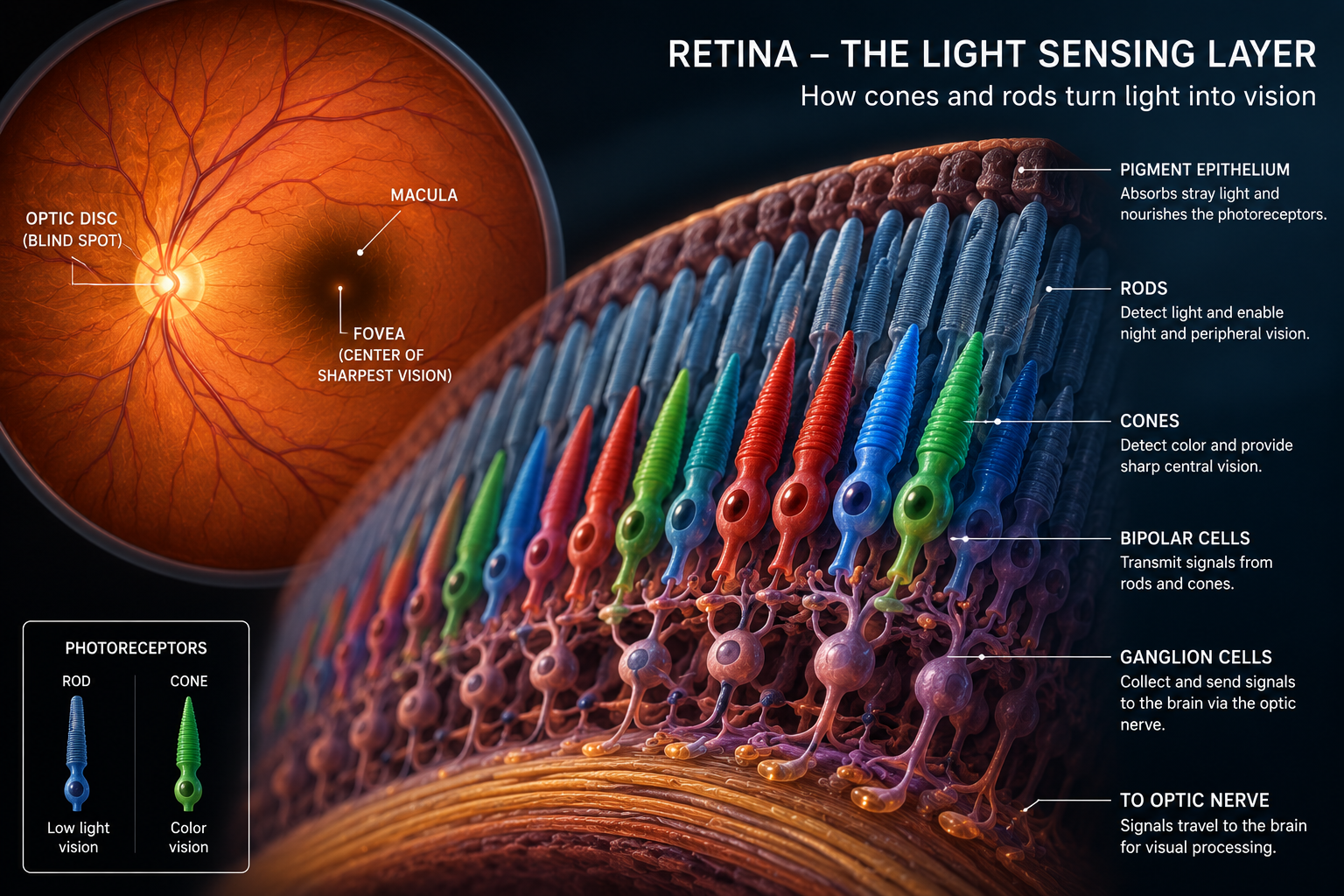 retina sensor with cone and rods for vision